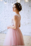New Arrival Pink Princess Tulle Floor-length Appliques Lace A Line Long Prom Dresses HZ0527