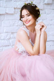 New Arrival Pink Princess Tulle Floor-length Appliques Lace A Line Long Prom Dresses HZ0527