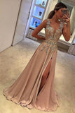 Sexy V Neck Split Side,Appliques A Line Long Prom Dress HZ0527