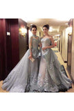Ball Gown Princess Long Sleeves Tulle Gray Long Formal Prom Dress HZ0527