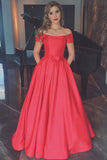 Elegant Coral Short Sleeves Off the Shoulder Ball Gown Cheap Prom Dress With Pocket HZ0527