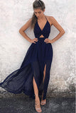 A-Line Halter Floor-Length Backless Navy Blue Chiffon Prom Dress HZ0527
