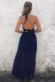 A-Line Halter Floor-Length Backless Navy Blue Chiffon Prom Dress HZ0527