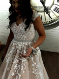 Promfast Charming A-Line V Neck Long Prom Dresses with White Appliques,Formal Party Dresses HZ0527