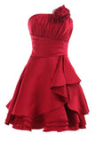 Strapless Red A Line Pleats Short Prom Dress With Flowers, Homecoming Dress HZ0527