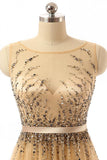 Beaded Gold Long Cap Sleeves Modest Prom Party Dresses HZ0527
