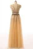 Beaded Gold Long Cap Sleeves Modest Prom Party Dresses HZ0527