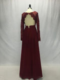 Lace Chiffon Bodice Burgundy Prom Dress,Long Simple Bridesmaid Dress with Long Sleeves HZ0527
