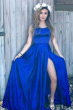 Simple Scoop A Line Split Side Royal Blue Straps Satin Prom Dress HZ0527