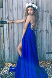 Simple Scoop A Line Split Side Royal Blue Straps Satin Prom Dress HZ0527