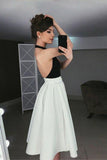 Simple A-Line Halter Backless Tea-Length Ivory and Black Homecoming Dresses HZ0527