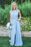 Best A Line Floor-Length Split Blue Chiffon Sleeveless Bridesmaid Dress HZ0527