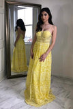 Charming A-Line Spaghetti Straps Floor-Length Yellow Lace Prom Dress HZ0527
