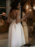 Spaghetti Straps White Prom Dress with Pockets Tea-Length Party Dress HZ0527