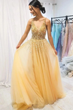 Promfast A Line Floor Length Tulle Prom Dress with Sequins, Cheap V Neck Long Formal Dresses HZ0527