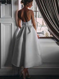 Spaghetti Straps White Prom Dress with Pockets Tea-Length Party Dress HZ0527