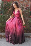 A-Line Spaghetti Straps Floor-Length Fuchsia Sequined Prom Dress HZ0527