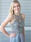 Charming A-Line Crew Sweep Train Grey Chiffon Prom Dress with Beading HZ0527