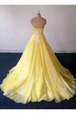 Promfast Yellow Lace Sweetheart Long Graduation Dress, A Line Prom Dress For Teens HZ0527