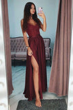 Promfast A-Line Spaghetti Straps Long Gray Prom Party Dress with Lace Sequins HZ0527