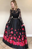 Two Piece Crew Long Sleeves Black Floral Printed Prom Dress with Lace HZ0527