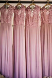 Round Neck A Line Cap Sleeves Chiffon Long Bridesmaid Dress with Lace HZ0527