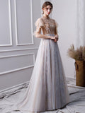 Gray A Line High Neck Short Sleeves Prom Dresses With Beads HZ0527