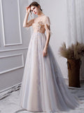 Gray A Line High Neck Short Sleeves Prom Dresses With Beads HZ0527