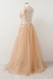 Promfast A-Line Round Neck Tulle Long Prom Dress with Lace Appliques HZ0527