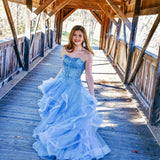 Charming Strapless Blue Ruffles Long Prom Dress with Appliques HZ0527