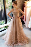 Strapless Light Brown Tulle Appliques Long Elegant Prom Dress HZ0527