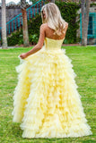 Princess Strapless Tiered Floor Length Yellow Ball Gown Prom Dress HZ0527