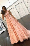 Princess A Line Floral Pink Cap Sleeves Long Prom Dress HZ0527