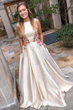 Fashion Boat Neck V Back Floral Embroidery Long Prom Dress with Pockets HZ0527