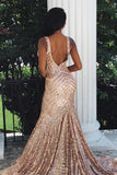 Charming Mermaid Backless Sequins Rose Gold Long Prom Dress HZ0527
