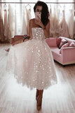 A Line Spaghetti Straps Tea Length Pearl Pink Prom Wedding Dress With Stars HZ0527