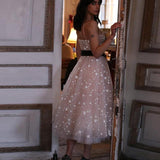 A Line Spaghetti Straps Tea Length Pearl Pink Prom Wedding Dress With Stars HZ0527