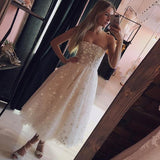 A Line Spaghetti Straps Tea Length Pearl Pink Prom Wedding Dress With Stars HZ0527