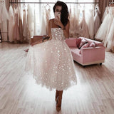 A Line Spaghetti Straps Tea Length Pearl Pink Prom Wedding Dress With Stars HZ0527