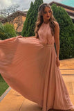 A-Line Long Floor-Length Blush Pleated Chiffon Prom Dress with Beading HZ0527