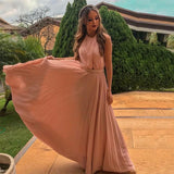 A-Line Long Floor-Length Blush Pleated Chiffon Prom Dress with Beading HZ0527