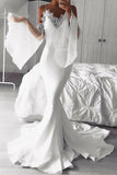 Mermaid Cold Shoulder Flare Sleeves White Prom Dress with Lace HZ0527