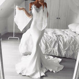 Mermaid Cold Shoulder Flare Sleeves White Prom Dress with Lace HZ0527