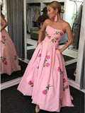 A-Line Sweetheart Strapless Pink Long Prom Dress With Embroidery Pockets HZ0527