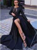 A-Line Round Neck Long Sleeves Black Long Prom Dress HZ0527