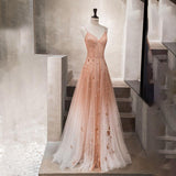 Ombre A Line Long Tulle Spaghetti Straps Prom Dresses With Beads HZ0527