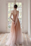 Ombre A Line Long Tulle Spaghetti Straps Prom Dresses With Beads HZ0527