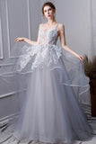 Gray A Line Long Spaghetti Straps Prom Dresses With Lace HZ0527
