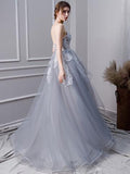Gray A Line Long Spaghetti Straps Prom Dresses With Lace HZ0527