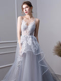 Gray A Line Long Spaghetti Straps Prom Dresses With Lace HZ0527
